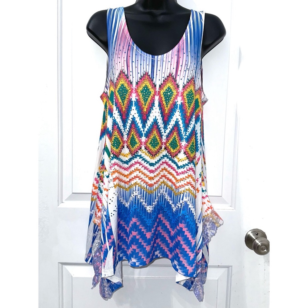 R. Rouge Aztec Print Vibrant Multi Colored tank top embellished rhinestones